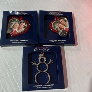 3 Christmas tree ornaments. 2- 2016 heart frames and 1 snowman